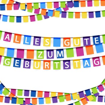 colored garlands background with white text Happy Birthday