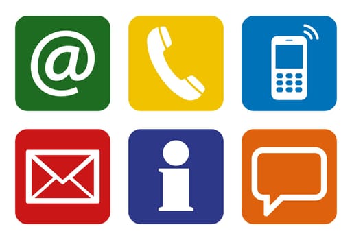 Contact Us,set of six white icons in colored boxes