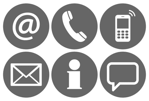 Contact Us,set of six white icons in gray circles