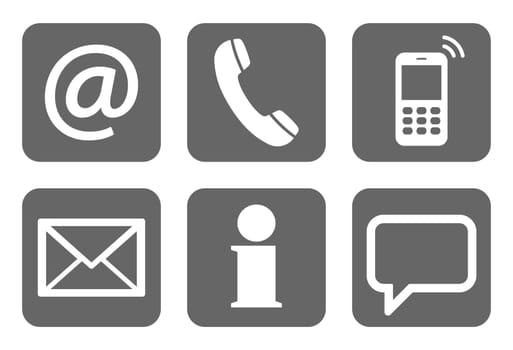 Contact Us,set of six white icons in gray boxes