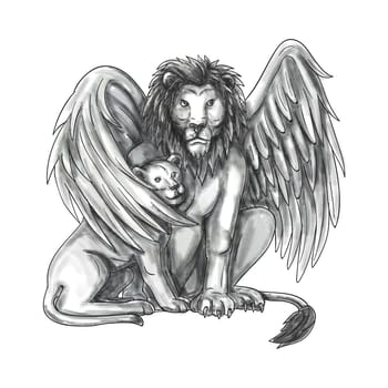 Tattoo style illustration of a winged lion, a mythological creature that resembles a lion with bird-like wings, protecting its cub by putting it under it's wing set on isolated white background viewed from front.