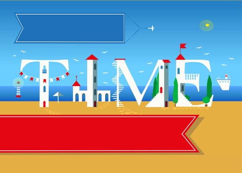 Time. Travel card. White buildings on the summer beach. Red banner for custom text. Plane in the sky with blue banner for custom text.