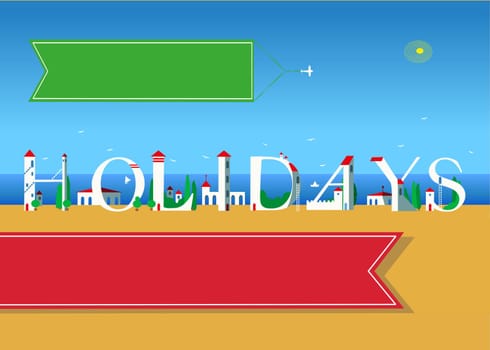 Holidays. Travel card. White buildings on the summer beach. Red banner for custom text. Plane in the sky with green banner for custom text.