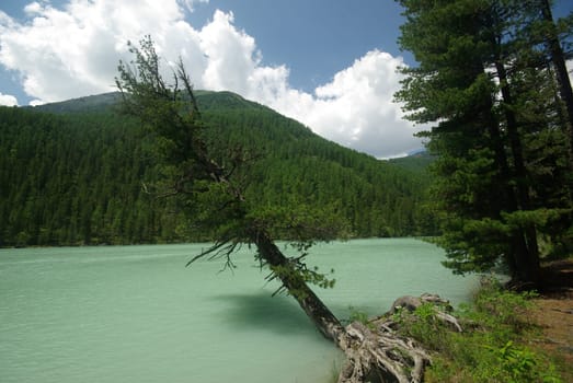 Beautiful mountain landscape near the lake. Mountain Lake. Kind of mountainous terrain and the water in the valley.