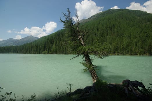 Beautiful mountain landscape near the lake. Mountain Lake. Kind of mountainous terrain and the water in the valley.
