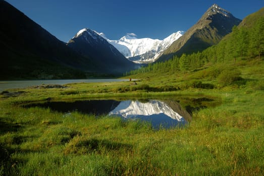Beautiful mountain landscape near the lake. Mountain Lake. Kind of mountainous terrain and the water in the valley.
