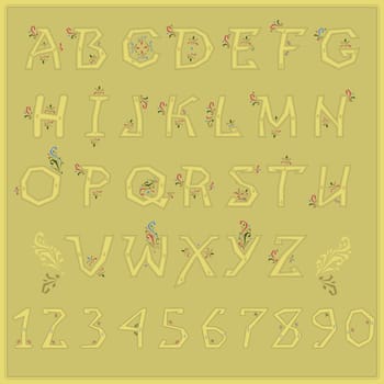 Country Floral font. Folk artistic alphabet. Yellow letters with red and green floral decor.  Illustration.