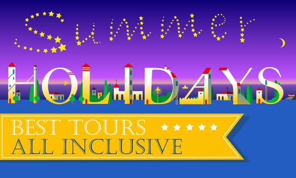 Summer Holidays Inscription. Best tours. All inclusive. Cute houses Font. Night beach. Stars in the sky. Yellow banner. Illustration.