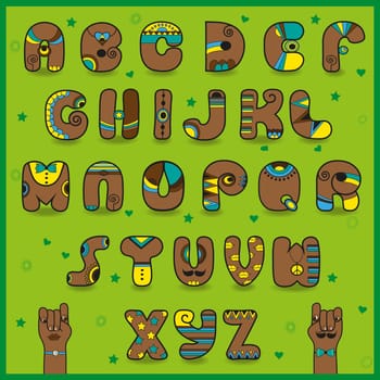 Chocolate artistic font. Funny brown symbolswith bright yellow and blue parts. Cartoon hands looking at each other.  Illustration.