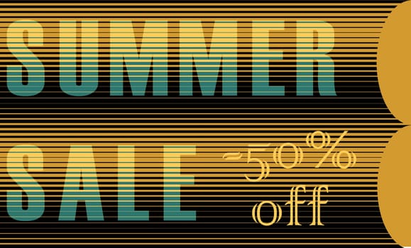 Summer Sale Inscription. Fifty percents off. Striped yellow blue letters.  Illustration.