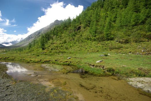 Mountain landscape. Highlands, the mountain peaks, gorges and valleys. The stones on the slopes.