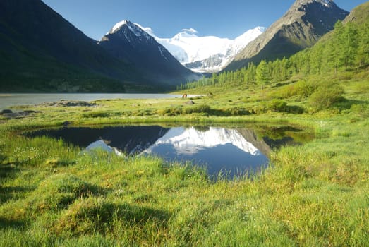 Beautiful mountain landscape near the lake. Mountain Lake. Kind of mountainous terrain and the water in the valley.