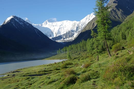Beautiful mountain landscape near the lake. Mountain Lake. Kind of mountainous terrain and the water in the valley.