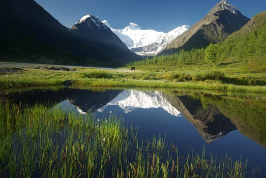 Beautiful mountain landscape near the lake. Mountain Lake. Kind of mountainous terrain and the water in the valley.