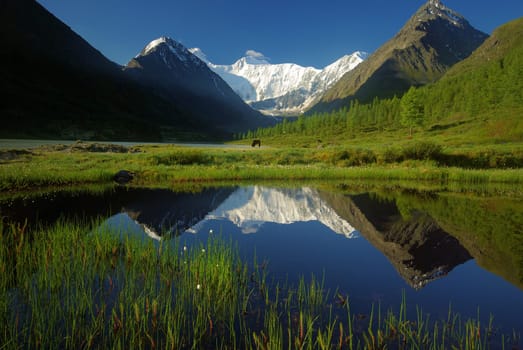 Beautiful mountain landscape near the lake. Mountain Lake. Kind of mountainous terrain and the water in the valley.