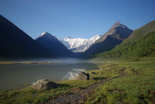 Beautiful mountain landscape near the lake. Mountain Lake. Kind of mountainous terrain and the water in the valley.