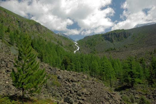 Mountain landscape. Highlands, the mountain peaks, gorges and valleys. The stones on the slopes.