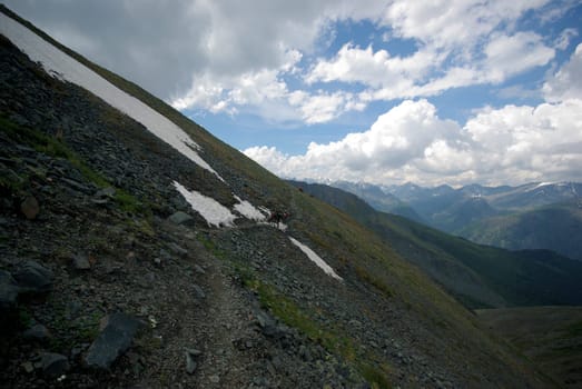 Mountain landscape. Highlands, the mountain peaks, gorges and valleys. The stones on the slopes.