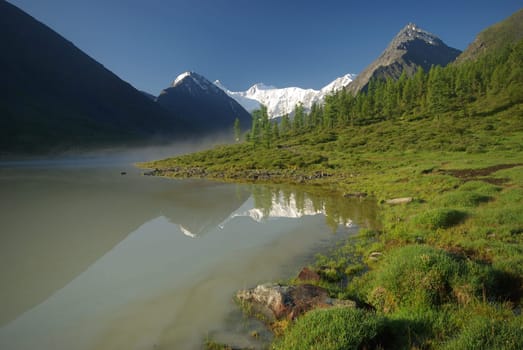Beautiful mountain landscape near the lake. Mountain Lake. Kind of mountainous terrain and the water in the valley.