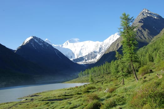 Beautiful mountain landscape near the lake. Mountain Lake. Kind of mountainous terrain and the water in the valley.