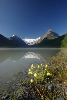 Beautiful mountain landscape near the lake. Mountain Lake. Kind of mountainous terrain and the water in the valley.