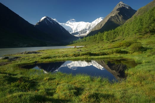 Beautiful mountain landscape near the lake. Mountain Lake. Kind of mountainous terrain and the water in the valley.
