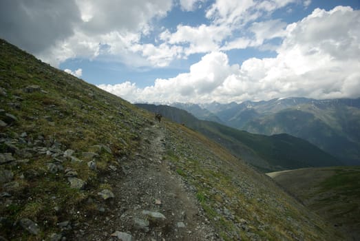 Mountain landscape. Highlands, the mountain peaks, gorges and valleys. The stones on the slopes.