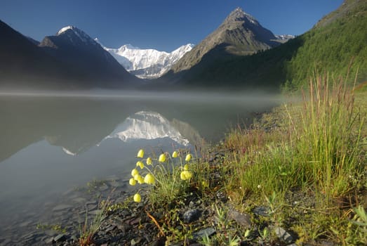 Beautiful mountain landscape near the lake. Mountain Lake. Kind of mountainous terrain and the water in the valley.