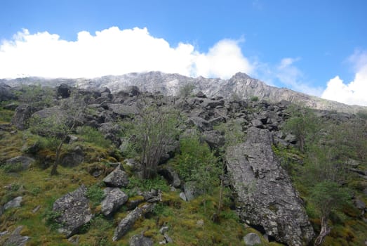 Mountain landscape. Highlands, the mountain peaks, gorges and valleys. The stones on the slopes.