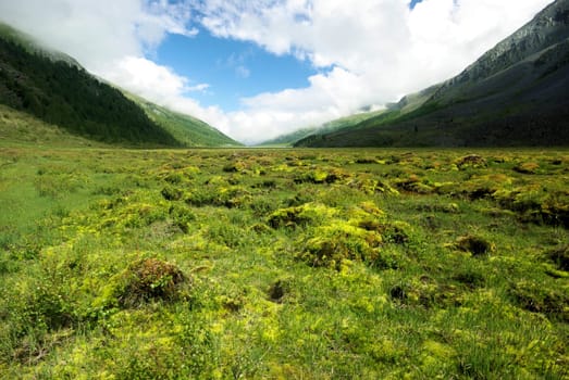 Mountain landscape. Highlands, the mountain peaks, gorges and valleys. The stones on the slopes.