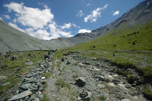 Mountain landscape. Highlands, the mountain peaks, gorges and valleys. The stones on the slopes.