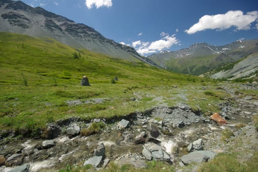 Mountain landscape. Highlands, the mountain peaks, gorges and valleys. The stones on the slopes.