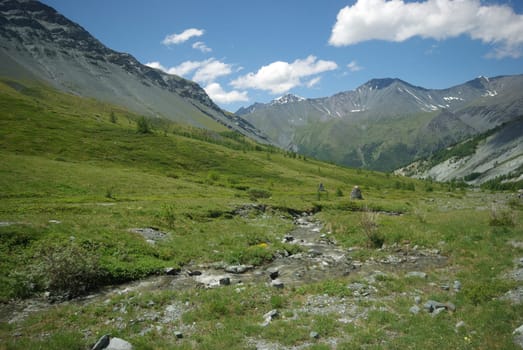 Mountain landscape. Highlands, the mountain peaks, gorges and valleys. The stones on the slopes.