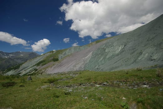 Mountain landscape. Highlands, the mountain peaks, gorges and valleys. The stones on the slopes.