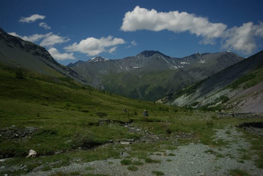 Mountain landscape. Highlands, the mountain peaks, gorges and valleys. The stones on the slopes.