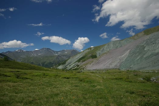 Mountain landscape. Highlands, the mountain peaks, gorges and valleys. The stones on the slopes.