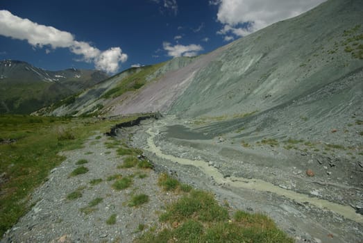 Mountain landscape. Highlands, the mountain peaks, gorges and valleys. The stones on the slopes.