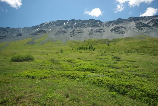 Mountain landscape. Highlands, the mountain peaks, gorges and valleys. The stones on the slopes.