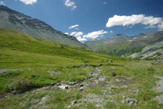 Mountain landscape. Highlands, the mountain peaks, gorges and valleys. The stones on the slopes.