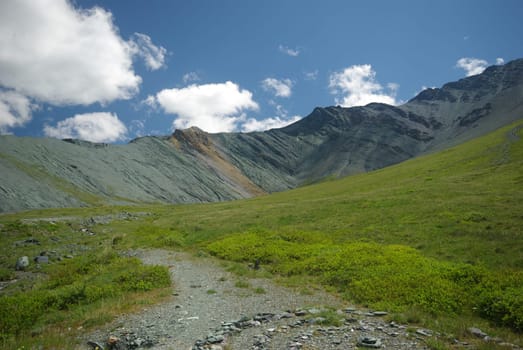 Mountain landscape. Highlands, the mountain peaks, gorges and valleys. The stones on the slopes.