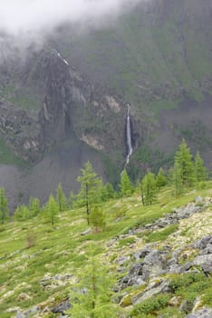 Mountain landscape. Highlands, the mountain peaks, gorges and valleys. The stones on the slopes.