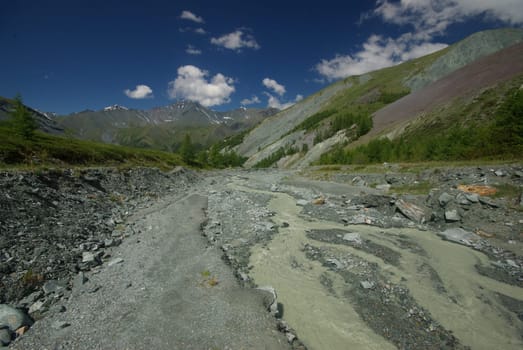 Mountain landscape. Highlands, the mountain peaks, gorges and valleys. The stones on the slopes.