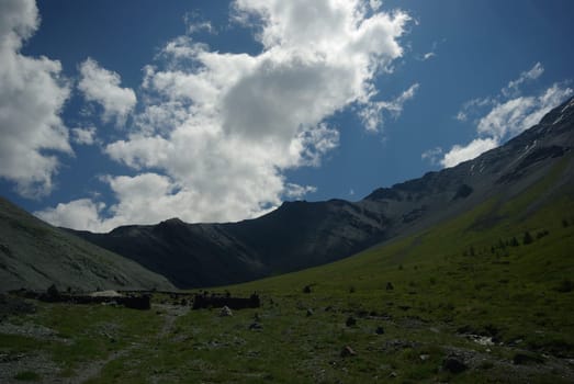 Mountain landscape. Highlands, the mountain peaks, gorges and valleys. The stones on the slopes.