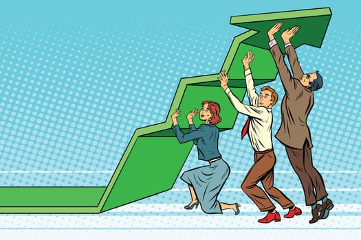 Business team lift up growth chart. Pop art retro vector illustration. The joint work. Success rate