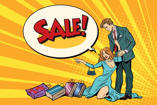 Wife and husband on sale. Pop art retro vector illustration. Business and shops