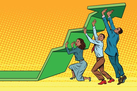 Business team lift up growth chart. Pop art retro vector illustration. The joint work. Success rate. African American people