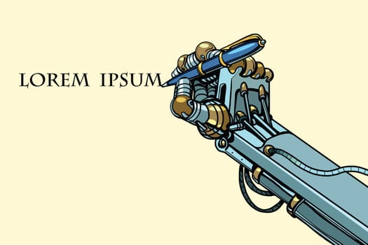 Robot signs a document with a pen. Pop art retro vector illustration