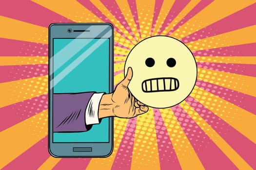 evil smile emoji emoticons in smartphone. Pop art retro vector illustration
