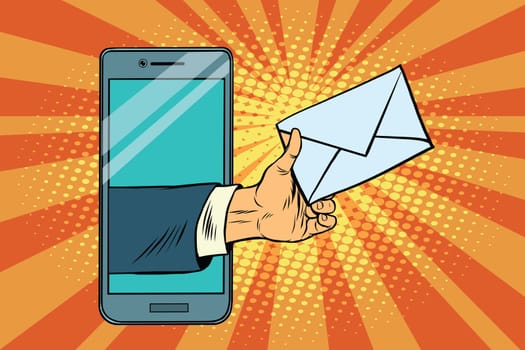 You email or a message in smartphone. Pop art retro vector illustration