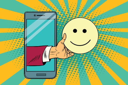 smile joy emoji emoticons in smartphone. Pop art retro vector illustration